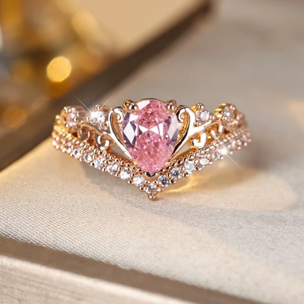 NEW 14k Rose Gold Pink Sapphire Pear Cut Diamond Ring Tear Drop Ring